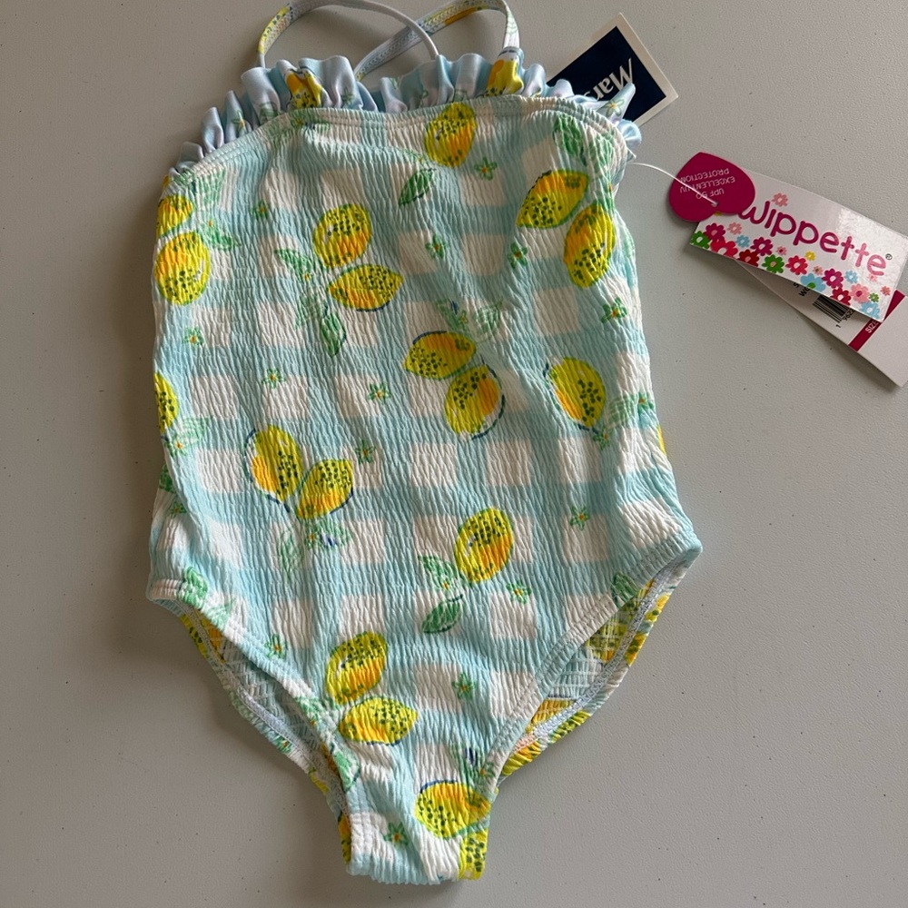 Wippette Girls One-Piece Swimsuit in Light Blue & Yellow Lemon Print.